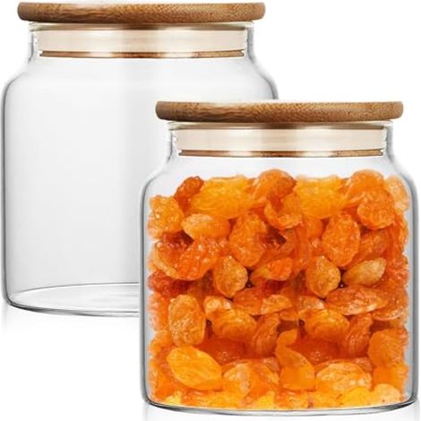 Lot de 2 boîtes de conservation en verre avec couvercle - 500 ml - Avec couvercle en bambou - Pour céréales, pâtes, pâtes, farine, grains de café, épices (1/5)