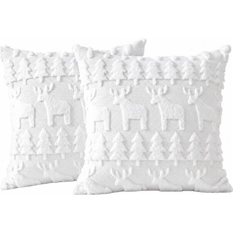 Housse de coussin de Noël 45x45cm en peluche, motif Père Noël brodé, décoration de Noël 45x45cm, sapin blanc et élan (1/4)