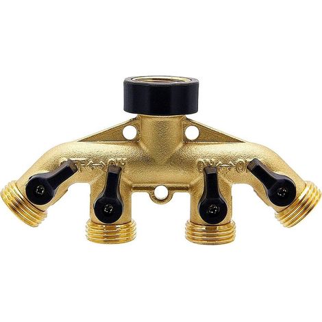 Distributeur de tuyau en laiton à 4 voies, connecteur adaptateur de tuyau d'arrosage de 3/4 pouce, adaptateur de robinet de tuyau avec 4 vannes (1/5)