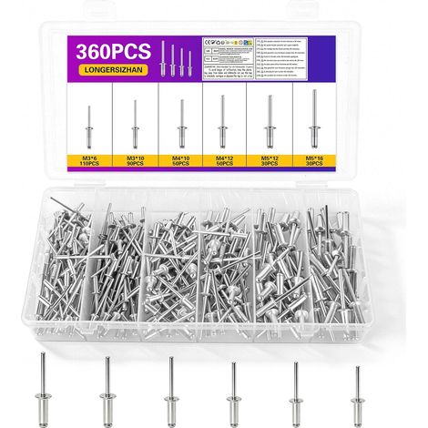 360Pcs Assortiment Rivets Pop M3 M4 M5, Aveugles Aluminium (1/5)