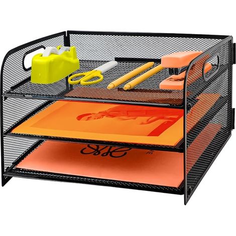 Corbeille à courrier à niveaux avec poignée, organiseur de fichiers de bureau en maille métallique avec plateaux, plateaux de classement de bureau A4, porte-revues pour la maison, le bureau, l'école (1/5)