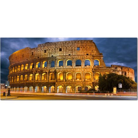 Lupia - Quadro moderno su Tela Canvas DEEP 65X143 cm, con paesaggi e localismi italiani, per casa, soggiorno, capezzale camera da letto, hotel, ufficio, ROMA - COLOSSEUM AND TRAFFIC LIGHTS (1/4)