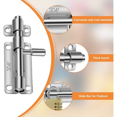 Loquet Porte, 2 Pièces 304 Targette de Porte Exterieur, Verrou Porte Exterieur, Loquet de Porte Coulissante en Acier Inoxydable, pour Entrepôt Garage Grange Portail Cour Porte (Argent) (1/5)