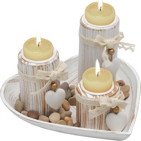 3er-Set Kerzenhalter aus Holz mit Tablett und Anhängern zum Selbermachen. Ideal als Dekoration für das Wohnzimmer oder als Geschenk. (1/5)