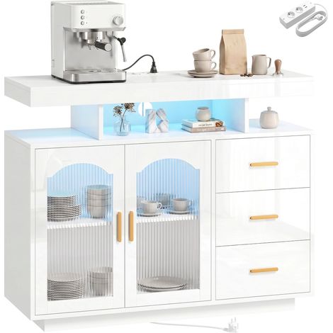 Buffet avec éclairage LED RGB 7 couleurs, ports USB, 3 tiroirs, étagères ouvertes, 2 portes, blanc brillant, 100 x 35 x 80 cm (1/5)