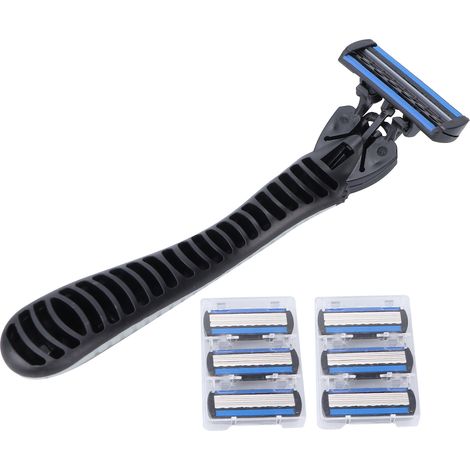 Rasoir manuel pour homme, 6 lames, manche réutilisable, 6 recharges, argent et blanc. (1/5)