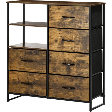 Commode industrielle 6 tiroirs pliables 2 étagères acier bois 84 x 30 x 92 cm