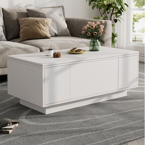Mesa de centro de aglomerado blanco 100 x 50 x 43 cm con doble tablero elevable y almacenaje (1/5)