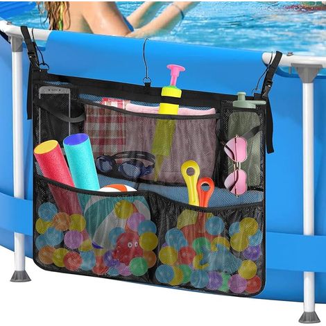 Panier de Rangement de Piscine, Sac Pochette en Maille Réglable au Bord de Piscine avec 5 Poches, Organisateur Accessoire de Piscine, Convient à 5 cm Moins Rail Supérieur, Noir