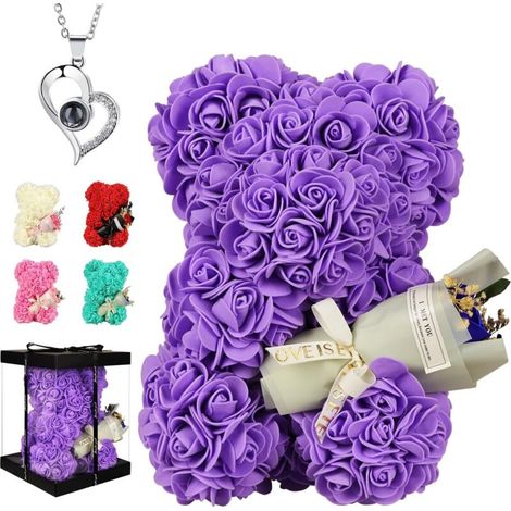 Ours En Peluche - Bouquet De Roses - Pétales Artificiels - 25 Cm - Violet - 1 Pièce (1/5)