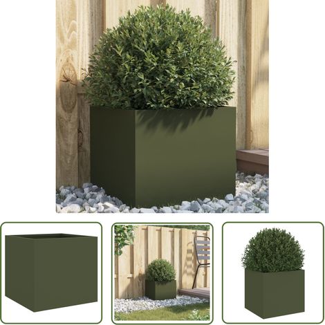 The Living Store Pflanzkübel Olivgrün 32x30x29 cm Stahl - Blumentopf - Gartentöpfen - Stahltöpfchen - Hochbeet - Balkonbepflanzung (1/5)