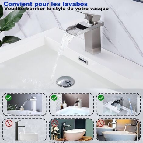 NALOOKAMIC Robinet de salle de bain cascade en acier inoxydable , bec chaud et froid , robinet d'évier à poignée unique (brossé)