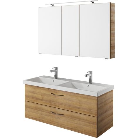 Badmöbel Set mit Doppelwaschtisch und Spiegelschrank in Riviera Eiche Nb. VILLATORO-66, B/H/T ca. 120/200/45 cm (1/5)
