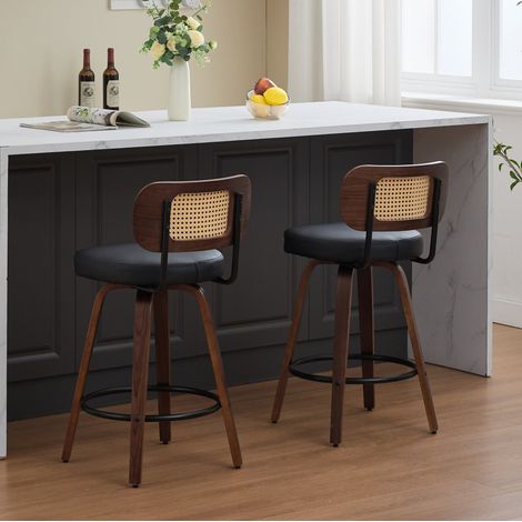 MEUBLIV 2er-Set Barhocker 56x42x90 cm schwarz – drehbare Rattanlehne, PU-Sitz (1/5)