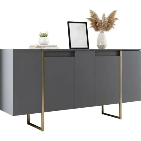 Dmora - Credenza Arta, Buffet da soggiorno, Madia da salotto, Dispensa da cucina, 160x35h80 cm, Antracite e Oro