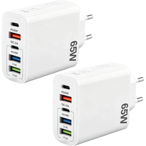 Lot de 2 Chargeur USB C 65W Rapide 5 Ports 2 PD 20W 15W 3 USB A QC3 Adaptateur secteur compact, charge simultanée multi-appareils, Compatible avec 15, idéal maison bureau voyag (1/5)