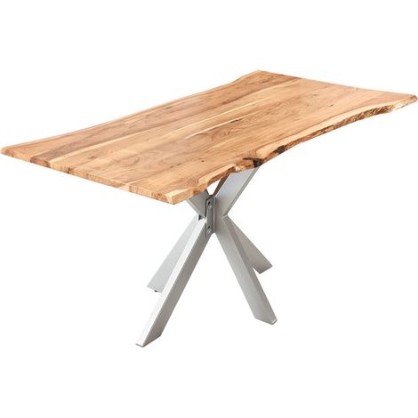 Esstisch Baumkante massiv Akazie natur 140 cm Spider-Gestell silber HELENE (1/5)