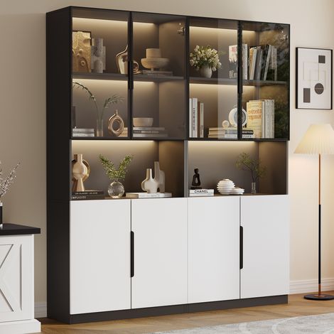 Vitrine minimaliste moderne avec des portes en verre. Vitrine équipée de lumières LED. Étagère pour les livres de collectionneur. Dimensions : 30160200 cm. (1/5)