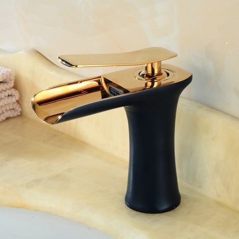 Robinet Mitigeur Lavabo en Laiton Massif, Style Nordique Noir et Doré, Modèle Bas pour Vasque à Poser ou à Encastrer-lsw