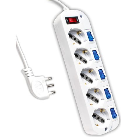V-TAC Ciabatta Multipresa Elettrica con Interruttori Indipendenti - 5 Prese 10/16A Bipasso + Schuko - Spina 16A - Presa Elettrica per Casa, Ufficio, Negozio - Colore Bianco (1/5)