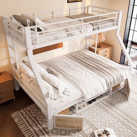 Litera 90×200 cm y 140×200 cm, Cama 3 Plazas con Armario Zapatero, Compartimentos y Barandillas, sin Colchón, Blanco (1/5)