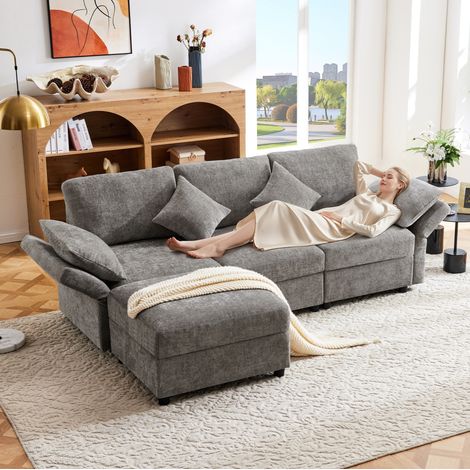 Divano angolare in chenille grigio 218x156,5x86 cm con pouf mobile, 4 cuscini e braccioli regolabili (1/5)