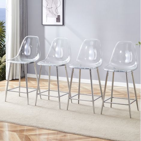 MEUBLIV Pack de 4 taburetes de bar transparentes 43x38x101,6 cm plateado con respaldo (1/5)
