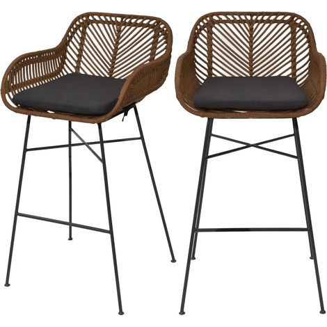 Lot de 2 tabourets de bar en rotin H68cm - Bois foncé - Nunuhai