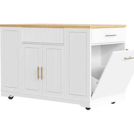 Îlot de cuisine à roulettes 120x50x92 cm - Avec compartiment pour poubelle, 2 portes et 3 tiroirs - Sans poubelle - Idéal comme îlot de cuisine mobile, desserte ou buffet (1/5)