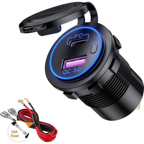 LaBlanc – QC3.0 USB- und PD-Typ-C-Kfz-Ladebuchse mit LED-Schalter, wasserdicht für 12–24 V Autos, Boote und Motorräder, Blau (1/5)