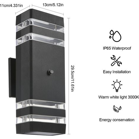 Applique murale extérieure en aluminium vers le haut et vers le bas, luminaires résistants à l'eau IP65 avec ampoules GU10 blanc chaud pour patio, cour, jardin, porte, couloir (1/5)