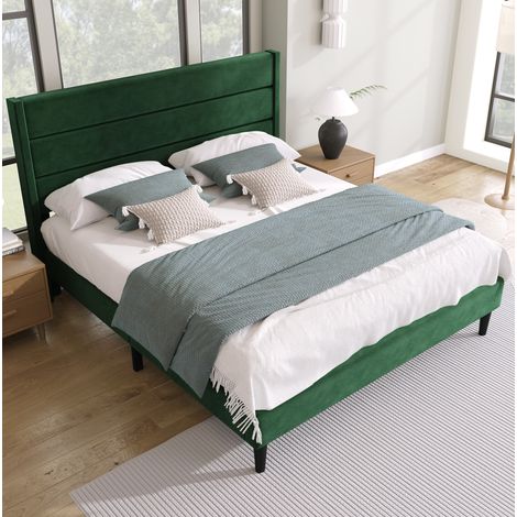MEUBLIV Cama 140x200 cm verde oscuro – cabecero tapizado, sin colchón (1/5)