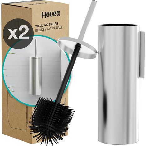 2 Kits Brosse WC Suspendu - Brosse Silicone & Boitier Métal - INOX 304 Anti-Rouille - sans Perçage - Fixation Murale avec Sticker ou Vis - Balai Brosse Toilettes Décoration - WC3621 (1/5)