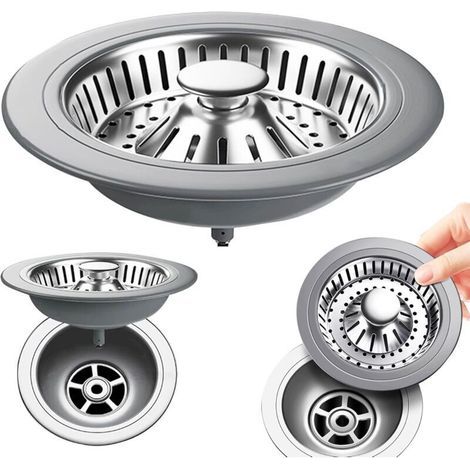 1 piece Sink Strainer, Kitchen Sink Grid, 3 in 1 Kitchen Sink Plug, Pop-Up Strainer Basket, Stainless Steel Strainer, for Food Waste Catcher (Hole Diameter 76-81 mm, Silver) (1/5)