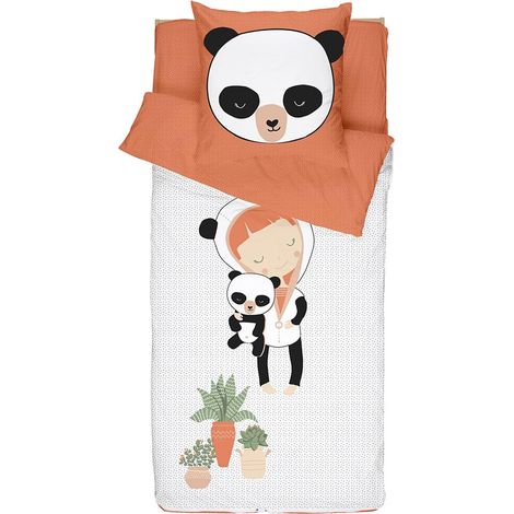 Caradou Parure da Letto per Bambini Miss Panda, 4 Pezzi, 90 x 190 cm, Cotone, Arancione (1/3)