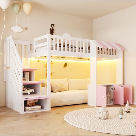 Letto a soppalco 90 x 200 cm con scala, vani contenitore e LED multicolore bianco/rosa HAVRYA (1/5)