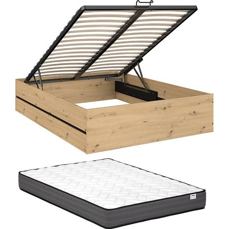 Letto con contenitore 140 x 190 cm Naturale e Nero + Materasso - LUDARO