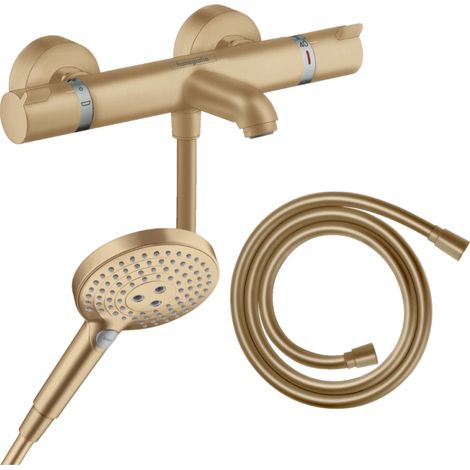 Pack mitigeur bain douche thermostatique HANSGROHE Ecostat Comfort + Flexible Isiflex + Pommeau Raindance Select 3jets bronze