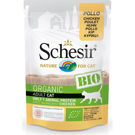 Schesir BIO, Alimento Completo Umido per Gatti adulti, Patè selezionato di Pollo senza Cereali - 16 bustine dal 85g (1,36kg totale) (1/4)