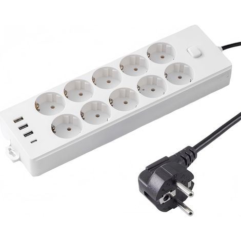JSSEVN-Multiprise 10 prises avec USB C et 3 USB A : multiprise 14 en 1 avec USB, multiprise USB 10 A avec câble de 2 m, montage mural, prise de courant