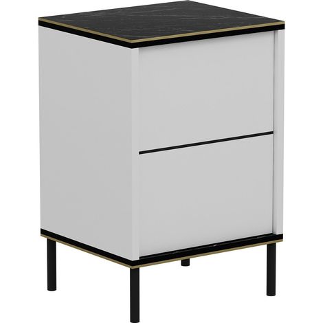 Table de chevet Shonna L40xH60cm Blanc et Effet marbre Noir avec bordure Or (1/5)
