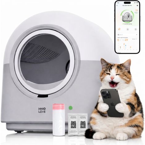 HHOLOVE Litière Chat Autonettoyante Automatique, Contrôle APP WiFi, Anti-Odeur, Anti-Pincement, Bac à Litière Intelligent 60L pour Plusieurs Chats, Surveillance du Poids et de la Santé (Gris) (1/5)