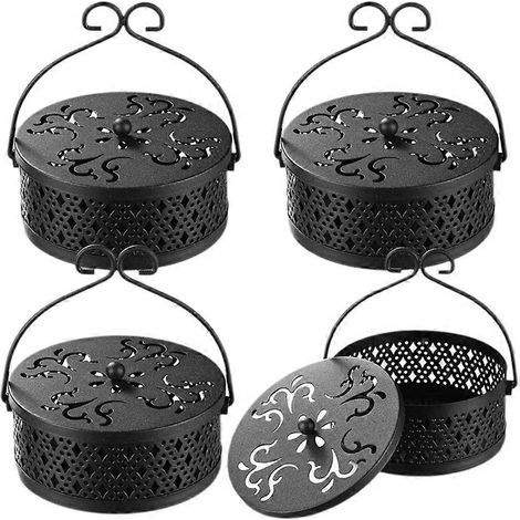 Lot de 4 porte-spirales anti-moustiques, porte-spirales d'encens ronds, style rétro, portable, en métal, à suspendre, avec poignée, noir (1/5)