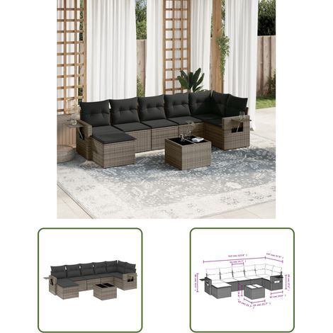 The Living Store 8-tlg. Garten-Sofagarnitur mit Kissen Grau Poly Rattan - Gartenmöbel Set - Esszimmergarnitur - Outdoor Möbel - Lounge Garnitur - Rattan Gartenmöbel (1/3)