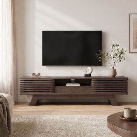 Meuble TV marron 150 cm pour écran 70 pouces – 2 portes + tiroir – panneaux de particules – Style vintage élégant (1/5)