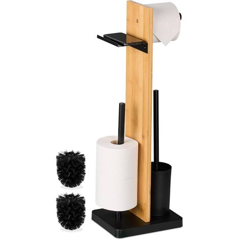Serviteur WC, mélange de matériaux, Non Fixe, Support téléphone, HLP : 68x27x18 cm, Noir et Nature (1/5)