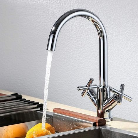 Rubinetto da cucina in acciaio inox spazzolato, doppia maniglia girevole a 360°, miscelatore per acqua calda e fredda, senza piombo - ALTRO (1/3)
