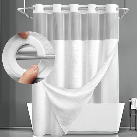 Filiyano-Rideau de douche sans crochets, blanc cassé, avec boutons, doublure en tissu, doublure de qualité hôtelière avec fenêtre transparente en haut (1/4)