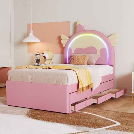 Lit enfant 90 x 200 cm licorne rose simili cuir lit roulant intégré (1/5)