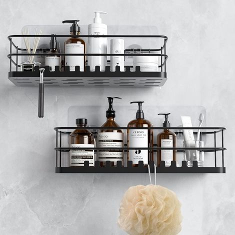 Etagère Douche, Serviteur de Douche Sans Perçage 2 Tablettes, Paniers Rangement d'Organisateur de Douche Mural Porte Savon Douche Acier Inoxydable pour Salle de Bain et Cuisine (1/5)